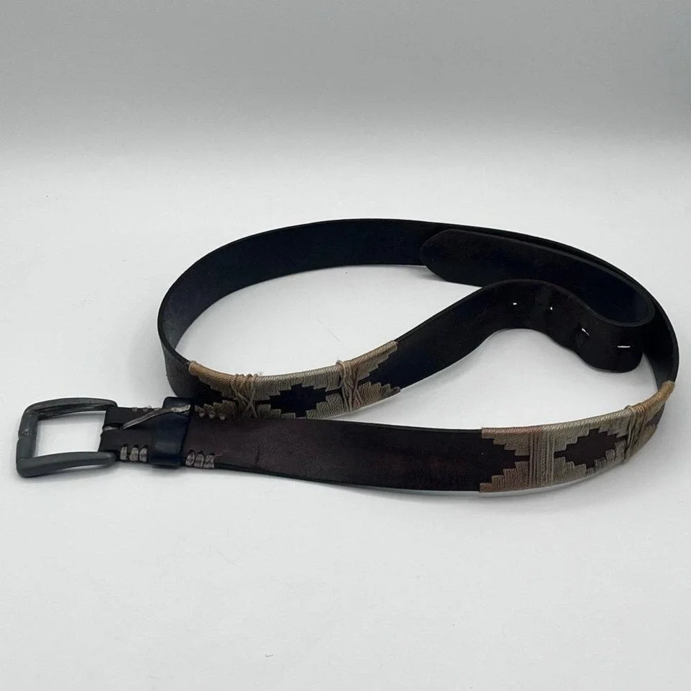Vintage Leather Belt Handwoven‎ Inlay Western Rustic Buckle Brown
